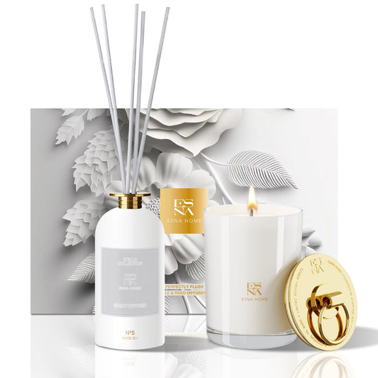 White Tea Scented Candle & Reed Diffuser Gift Set | 8.8oz Candle + 100ml Aroma Diffuser | Fragrances | Relia Home
